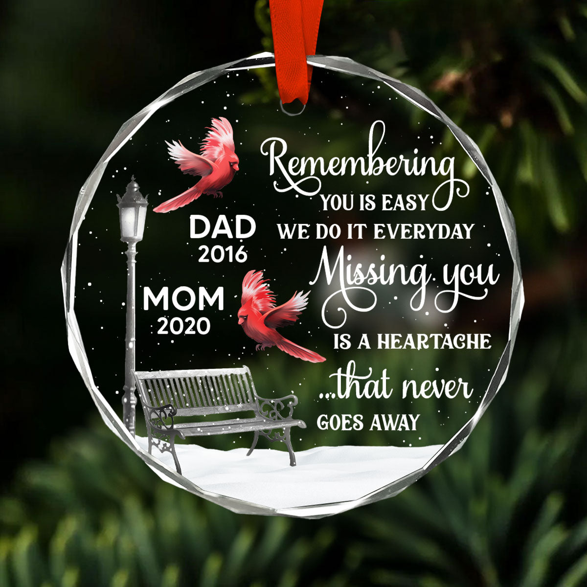 Cardinals Remembering You Memorial Personalized Glass Ornament, Christmas Decoration, Memorial Gift, Sympathy Gift