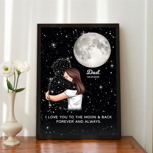 Lost Loved One Woman Hugging Moon Phase Galaxy Art Memorial Sympathy Gift Personalized Poster