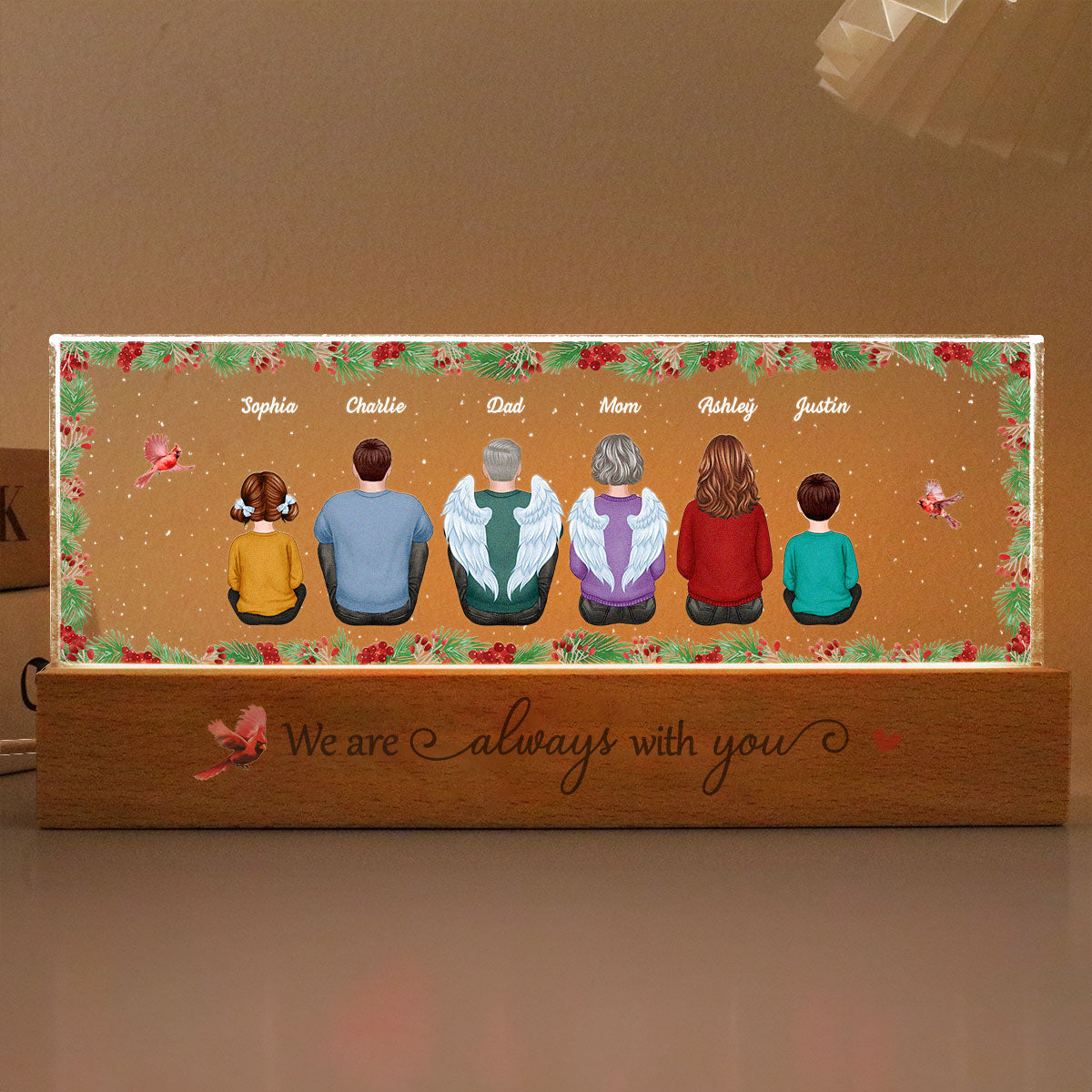 Holly Branch Family Memorial Personalized LED Night Light, Sympathy Gift For Loved Ones