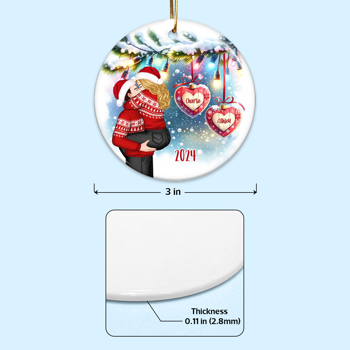 Christmas Hearts Couple Kissing Personalized Circle Ceramic Ornament