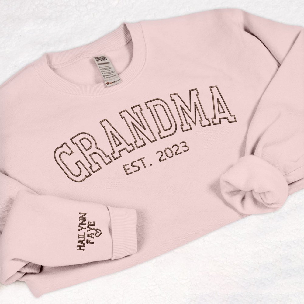 Personalized Grandma Embroidered Sweatshirt, Custom Grandma Est And Kids Name On Sleeve Sweatshirt, Mother's Day Gift For Grandma Mimi Nana Gigi Gaga