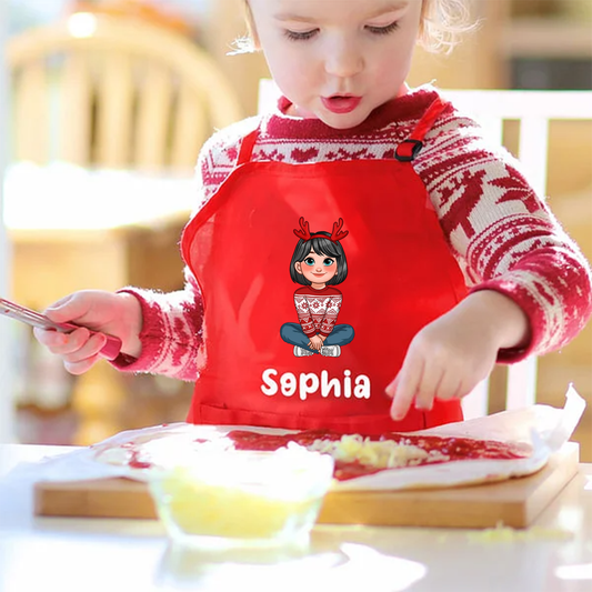 Personalised Cartoon Character Birth Flower Name Adjustable Kid Apron Chef Hat Set with Pocket for Cooking Christmas Birthday Gift for Boys Girls