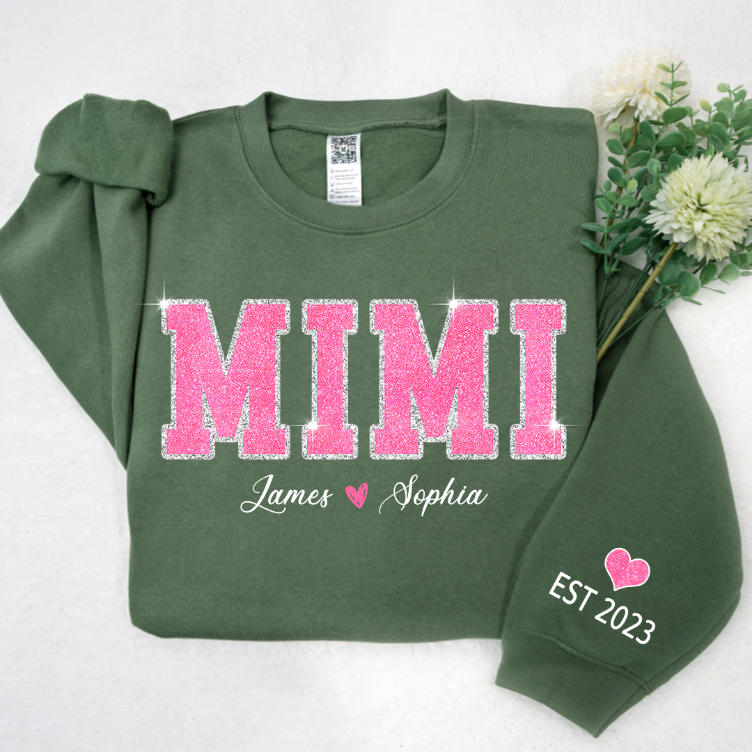 Personalized Mimi Pink Glitter, Custom Grandma Est With Kids TH Sweatshirt