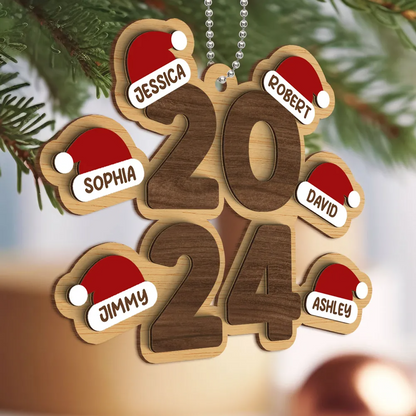 Family Stacked 2024 Santa Hats Personalized Wooden Ornament, Christmas Gift