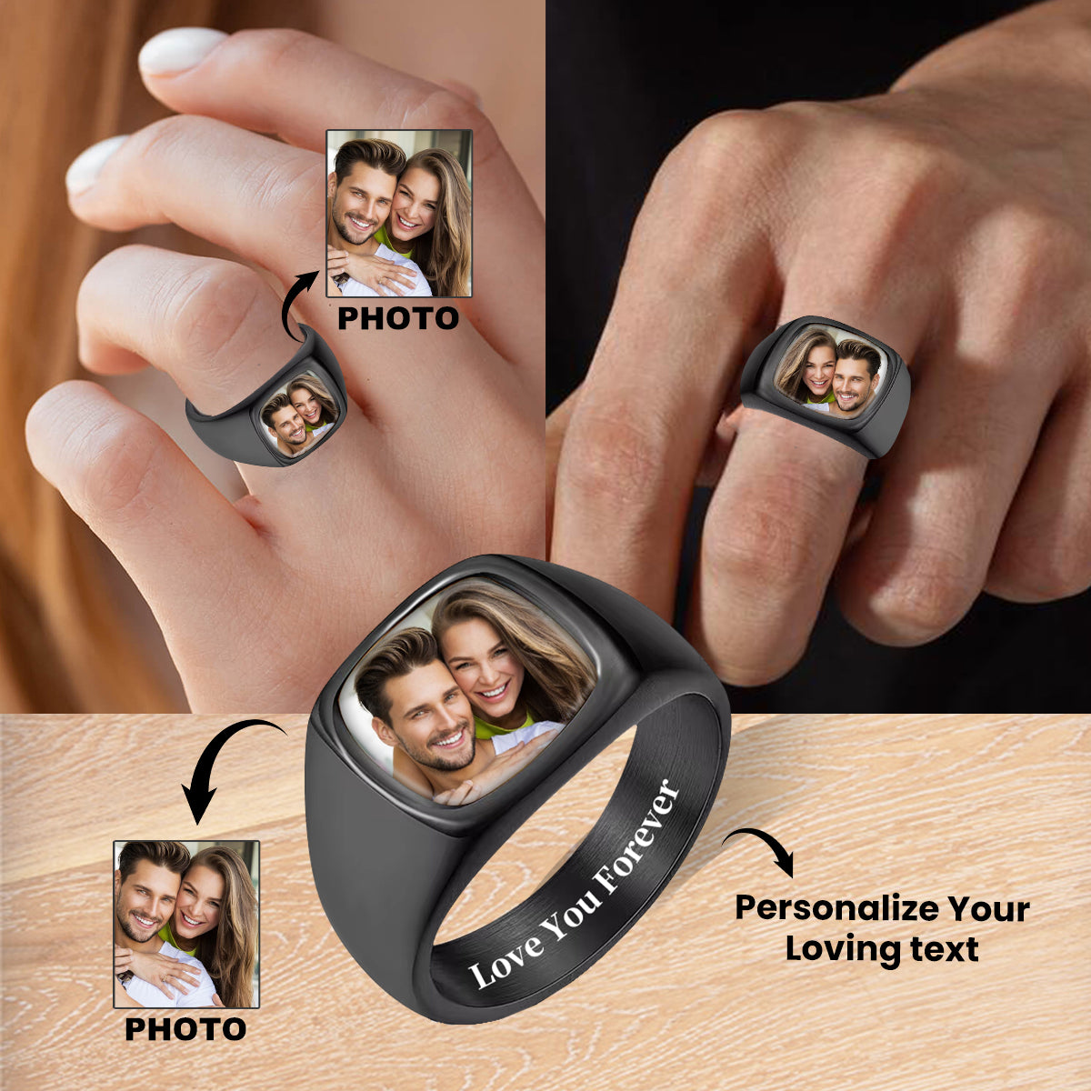 Love You Forever - Personalized Upload Photo Square Ring For Couple