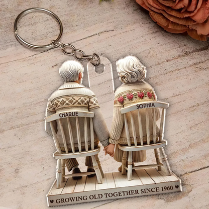 3D Effect Old Couple Holding Hands Sitting Together Personalized Keychain, Heartfelt Gift For Couple, For Him, For Her, Husband, Wife