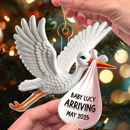 Stork Carrying Baby Bundle New Baby Arriving 3D Effect Personalized Acrylic Flat Ornament