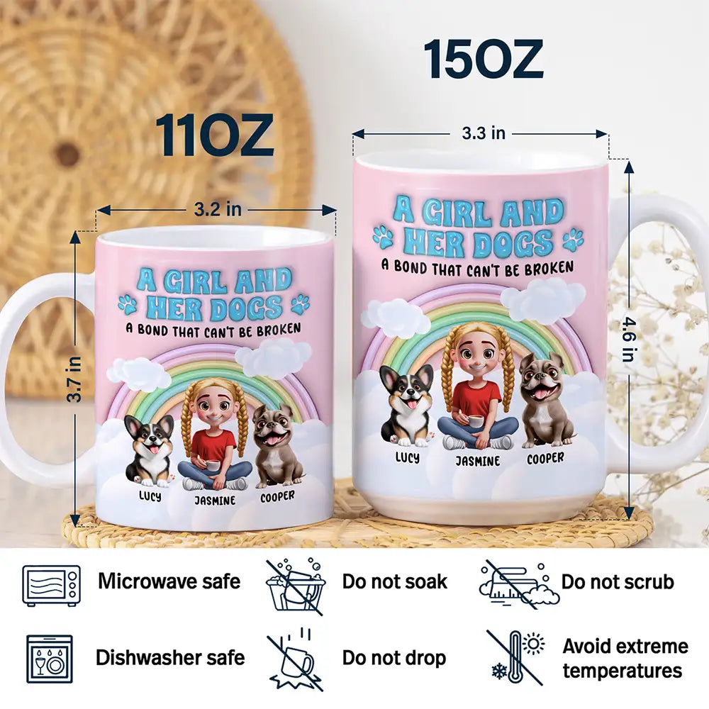 Rainbow A Girl And Her Dogs - 3D Inflated Effect Printed Mug, Personalized White Edge-to-Edge Mug