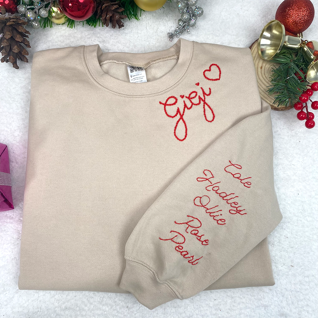 Custom Hand Embroidered Gigi Sweatshirt with Kids Name on Sleeve, Personalized Gigi Sweatshirt, Minimalist Grandma Sweater, Mothers Day Gift for Grandma Mimi Nana Gigi Gaga