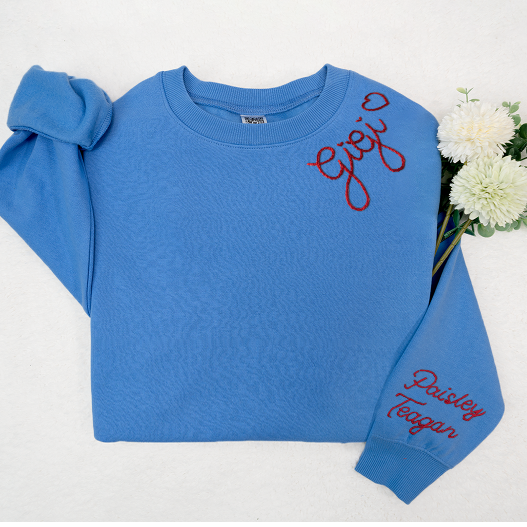 Custom Hand Embroidered Gigi Sweatshirt with Kids Name on Sleeve, Personalized Gigi Sweatshirt, Minimalist Grandma Sweater, Mothers Day Gift for Grandma Mimi Nana Gigi Gaga