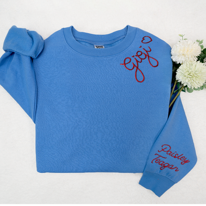 Custom Hand Embroidered Gigi Sweatshirt with Kids Name on Sleeve, Personalized Gigi Sweatshirt, Minimalist Grandma Sweater, Mothers Day Gift for Grandma Mimi Nana Gigi Gaga