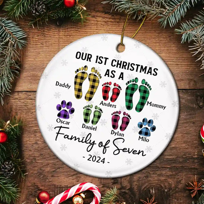 First Christmas As A Family Of Four Flannel Footprints - Personalized Circle Acrylic Ornament