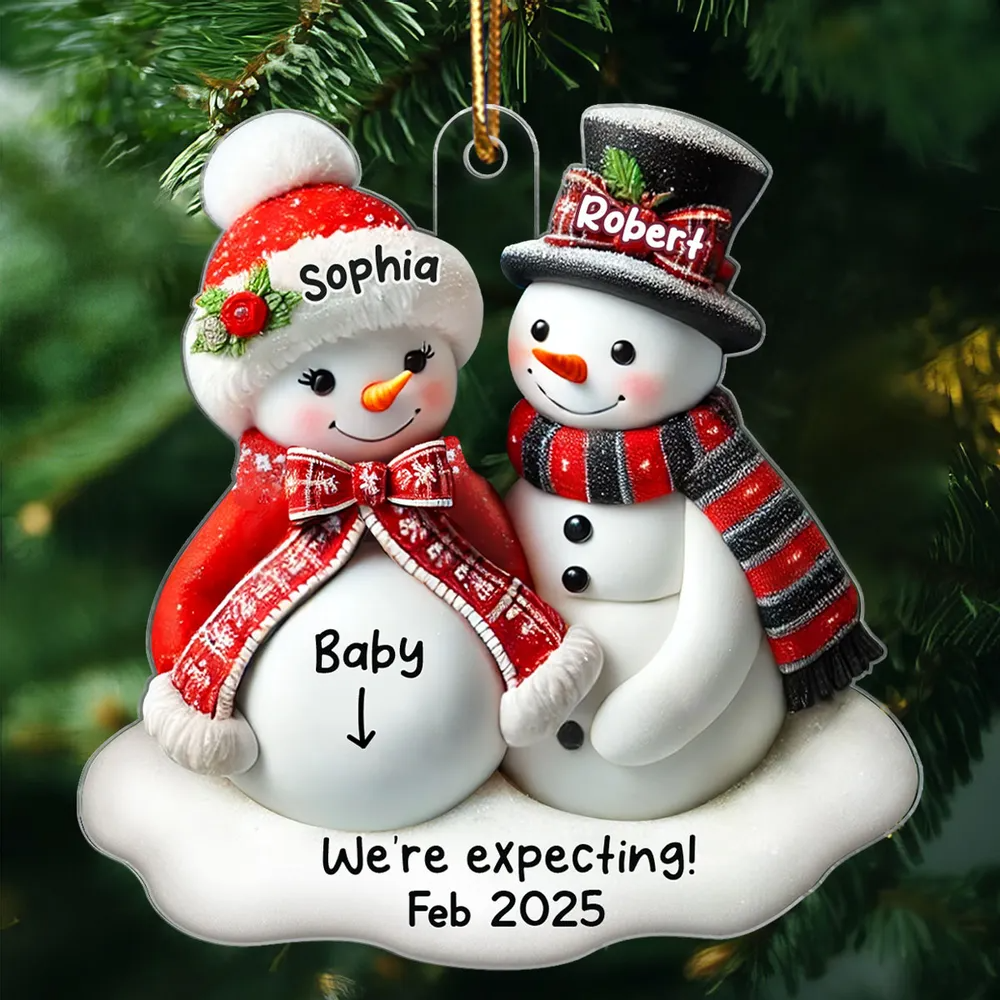 Snowman Couple Expecting Parents Pregnancy Announcement 3D Effect Keepsake Personalized Acrylic Ornament