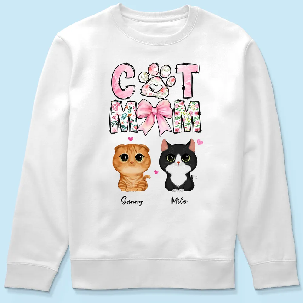 Cat Mom Pink Coquette Personalized Shirt, Watercolor Cute Cat, Gift for Cat Moms