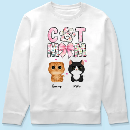 Cat Mom Pink Coquette Personalized Shirt, Watercolor Cute Cat, Gift for Cat Moms