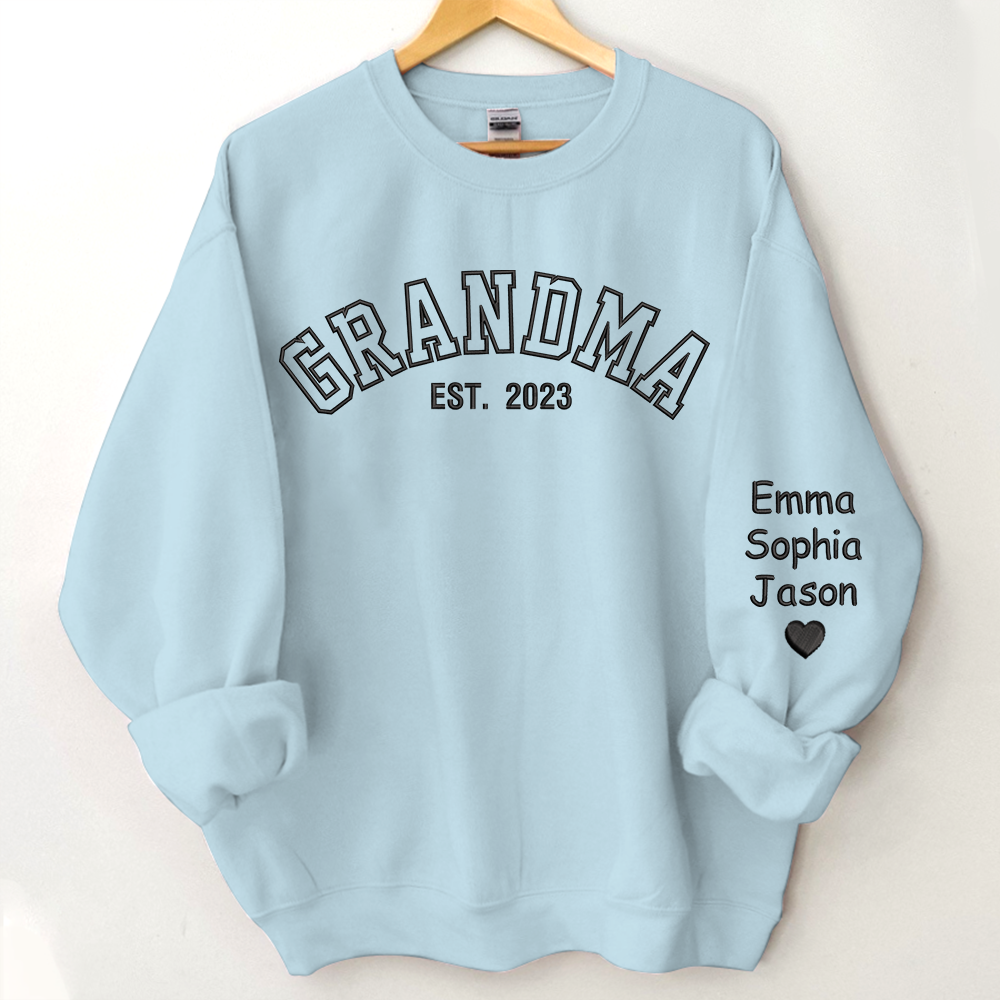 Custom Grandma Embroidered Sweatshirt, Grandma Est And Kids Name On Sleeve Sweatshirt, Mother's Day Gift For Grandma Mimi Nana Gigi Gaga Grammy