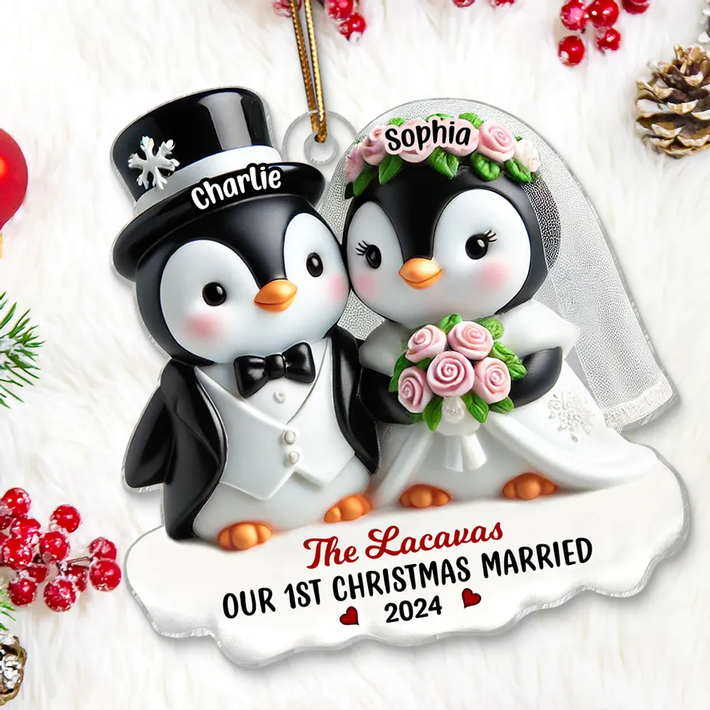 3D Effect Penguins Just Married Couple Groom & Bride Wedding First Christmas Together Personalized Acrylic Ornament