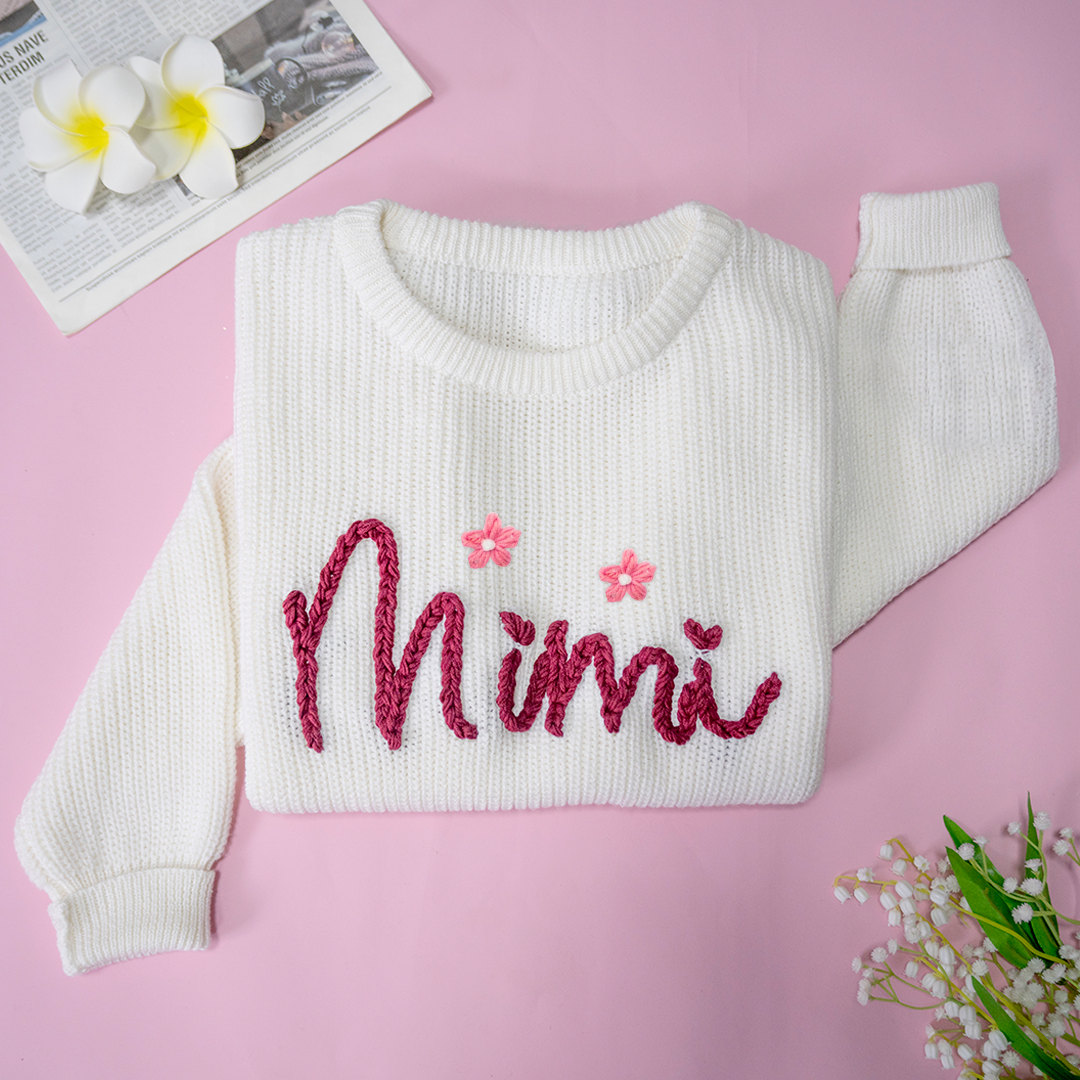 Custom Hand-Embroidered Knitted Sweater - Personalized Name Sweater for Grandma, Mimi, or Nana - Soft and Cozy Gift for Grandparents