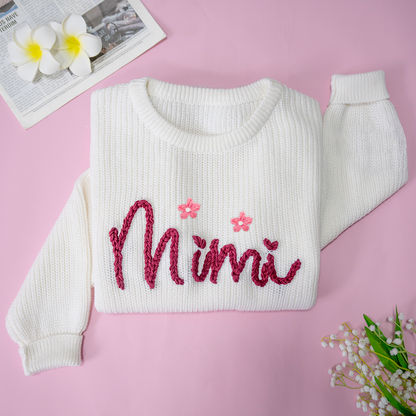 Custom Hand-Embroidered Knitted Sweater - Personalized Name Sweater for Grandma, Mimi, or Nana - Soft and Cozy Gift for Grandparents