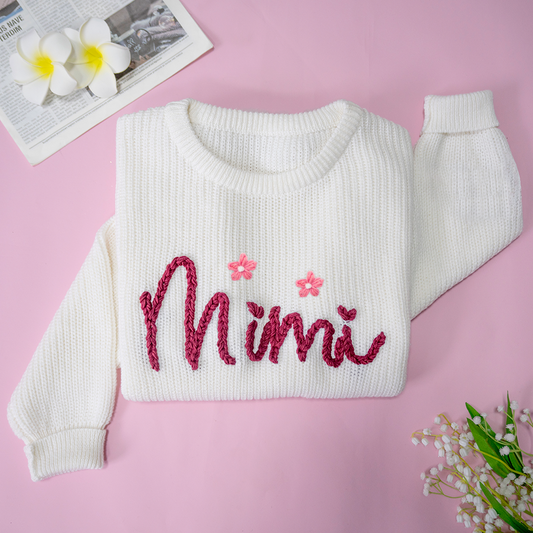 Custom Hand-Embroidered Knitted Sweater - Personalized Name Sweater for Grandma, Mimi, or Nana - Soft and Cozy Gift for Grandparents