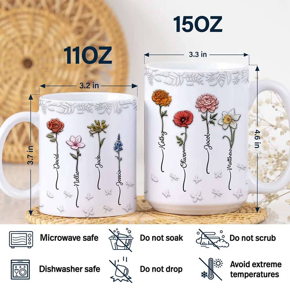 Birth Flowers For Mom, Grandma, Besties - 3D Embossed Effect Printed Mug, Personalized White Edge-to-Edge Mug