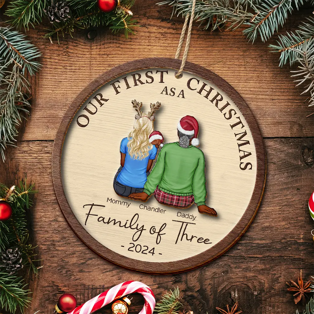 First Christmas As A Family Of Three New Parents - Personalized 2-Layered Wooden Ornament