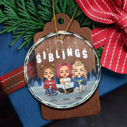 Friends Besties Sisters Brothers Sitting Together Chibi - Personalized Circle Acrylic Ornament