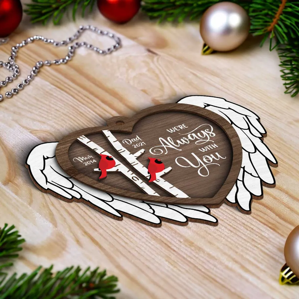 Always With You Cardinal Angel Wings Memorial Keepsake Personalized 2-Layer Wooden Ornament