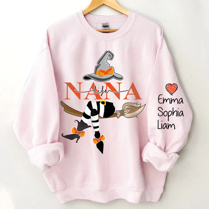 Personalized Nana Life Witch Halloween Sweatshirt, Custom Grandma With Grandkids Name On The Sleeve Halloween Sweatshirt