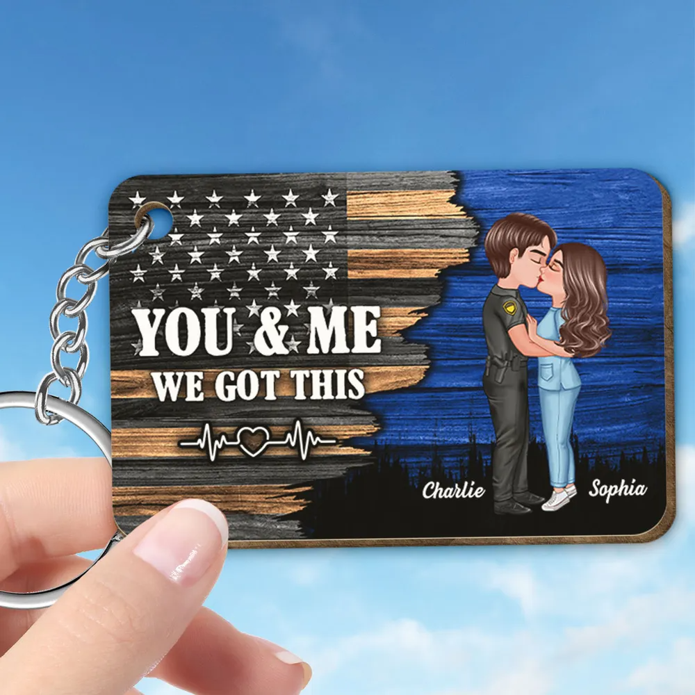 Hero Couple Kissing Half Flag Gift by Occupation Firefighter, Nurse, Police Officer Personalized Wooden Keychain