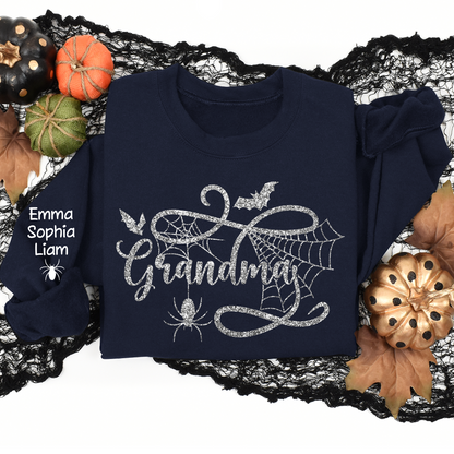 Custom Grandma Halloween With Grandkids Glitter Sweatshirt