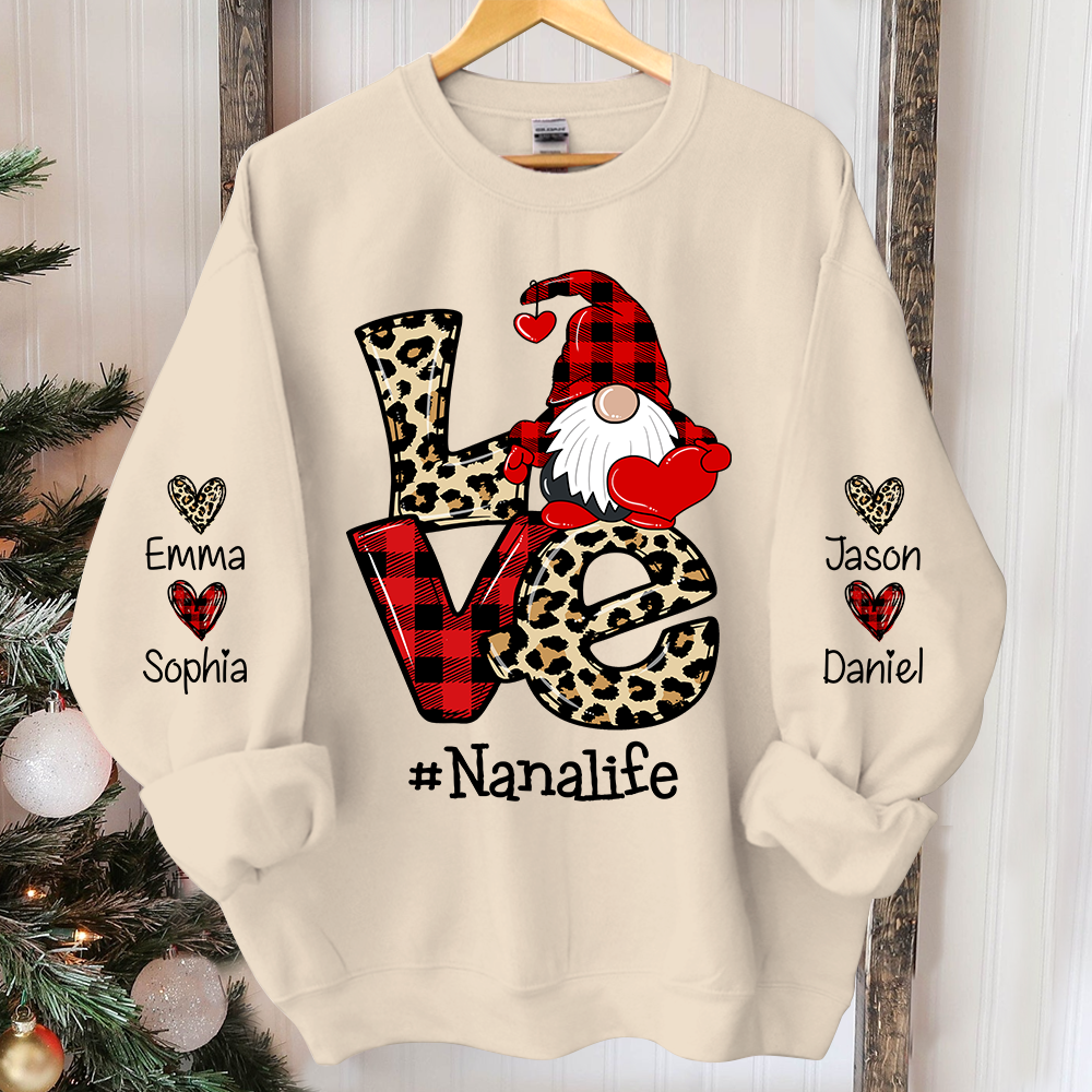 Love Nana Life Leopard Plaid Gnome Heart, Custom Nana And Kids Christmas, Grandma Gift TH Sweatshirt