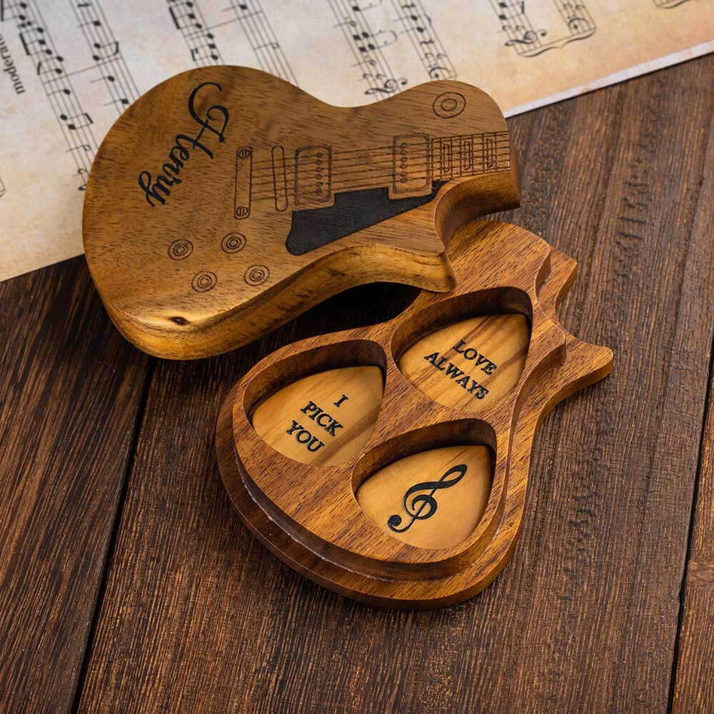 Personalised Wooden Guitar Picks with Storage Case Engraved Holder Box for Pick Set Gift for Guitar Player Musician Birthday Gift Idea