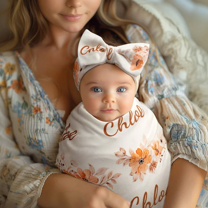 Personalized Cute Peach Floral Name Baby Girl Soft Swaddle Blanket Set with Hat and Headband Baby Shower Coming Home Gift for Newborn