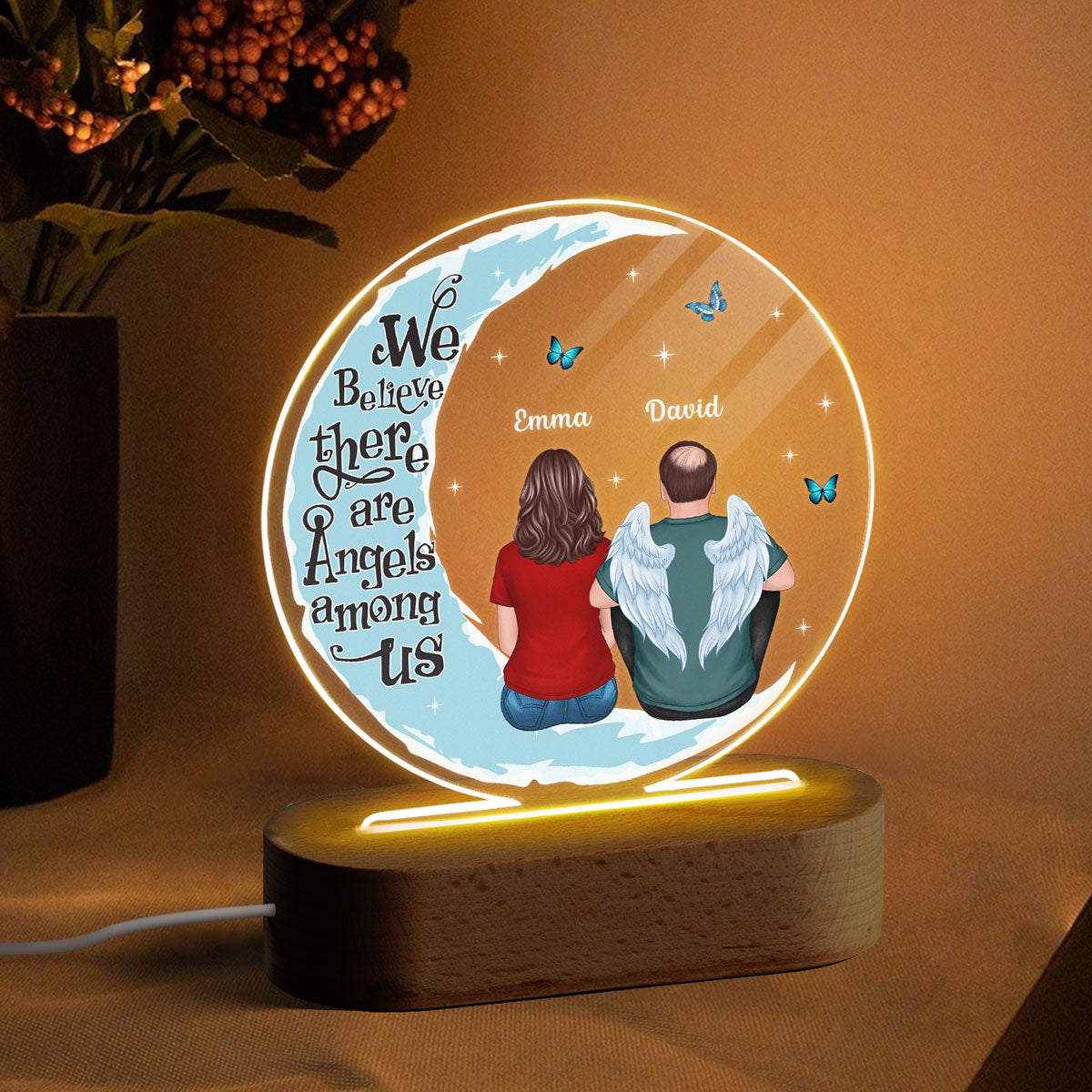 Moon Butterflies Angel Among Us Memorial Family Back View Personalized Circle Acrylic Plaque With LED Lamp - Remembrance Keepsake