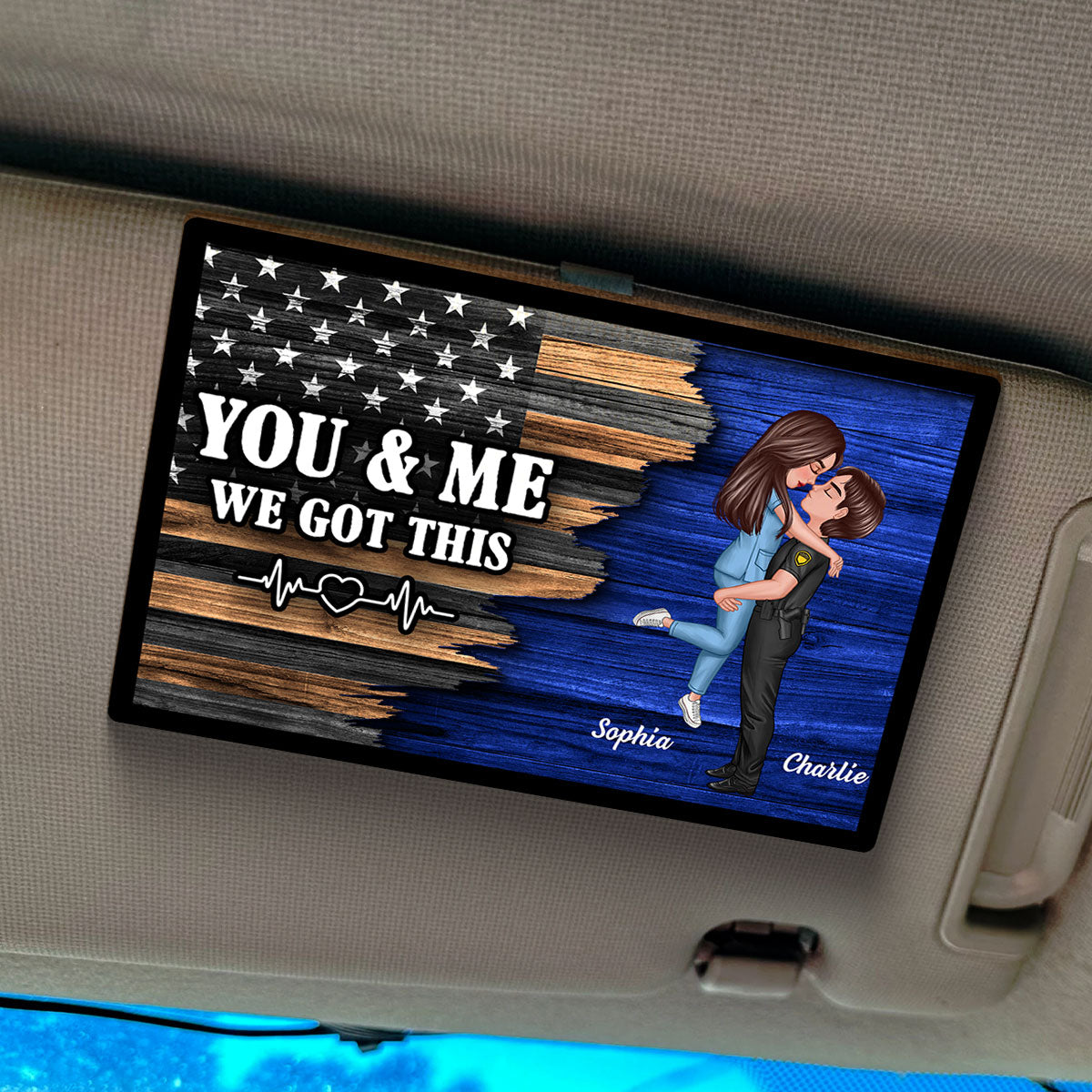 Hero Couple Hugging Kissing Half Flag Valentine's Day Gift by Occupation Gift For Her Gift For Him Personalized Car Visor