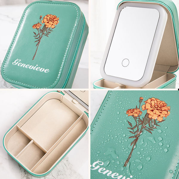 Personalised Birth Flower Portable Leather Travel Jewellery Box with Name and LED Three-color Adjustable Makeup Mirror Birthday Gift for Women