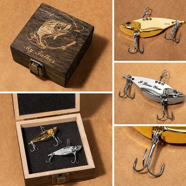 Personalized 2 Pcs Metal Bionic Fishing Lures Wooden Box Set with Engraved Text Birthday Fisherman Gift for Dad Husband