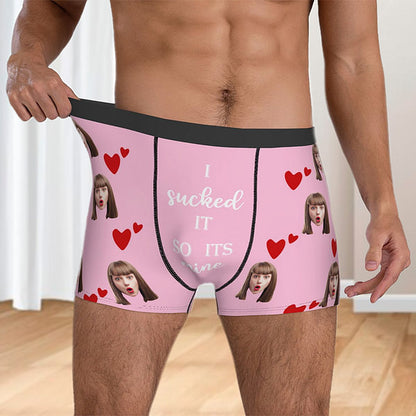 Personalised Face Photo Boxer Brief with Love Hearts I Sucked It So Its Mine Funny Quote Men's Underwear Valentine's Day Birthday Gift for Him