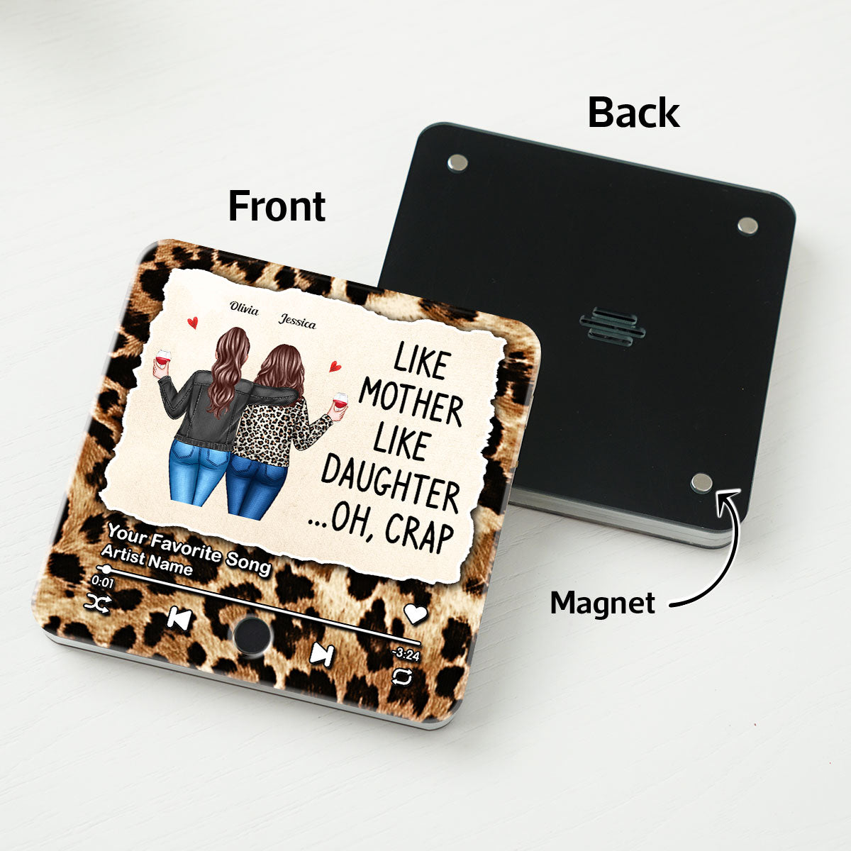 Like Mother Like Daughter Leopard Pattern Personalized Music Fridge Magnet, Funny Mother's Day Gift for Mom, Gift for her