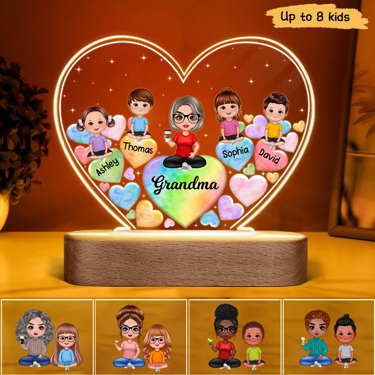 Grandma Grandkids Hearts In Heart Personalized Heart Acrylic LED Night Light