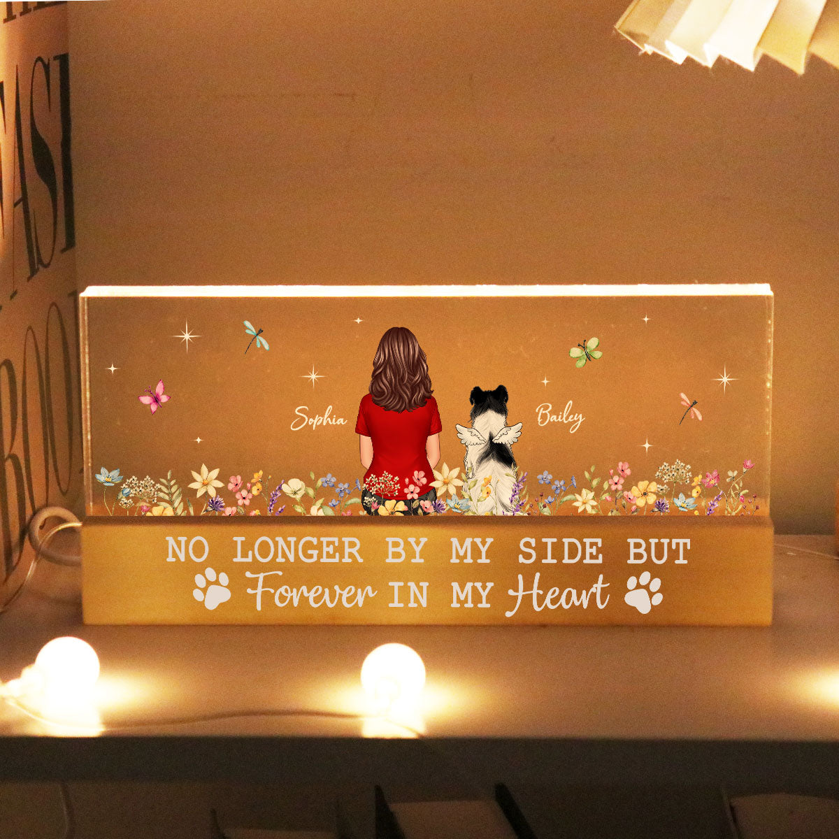 Forever In My Heart Dog Cat Memorial Floral Sympathy Gift Memorial Keepsake Personalized Acrylic Block LED Night Light