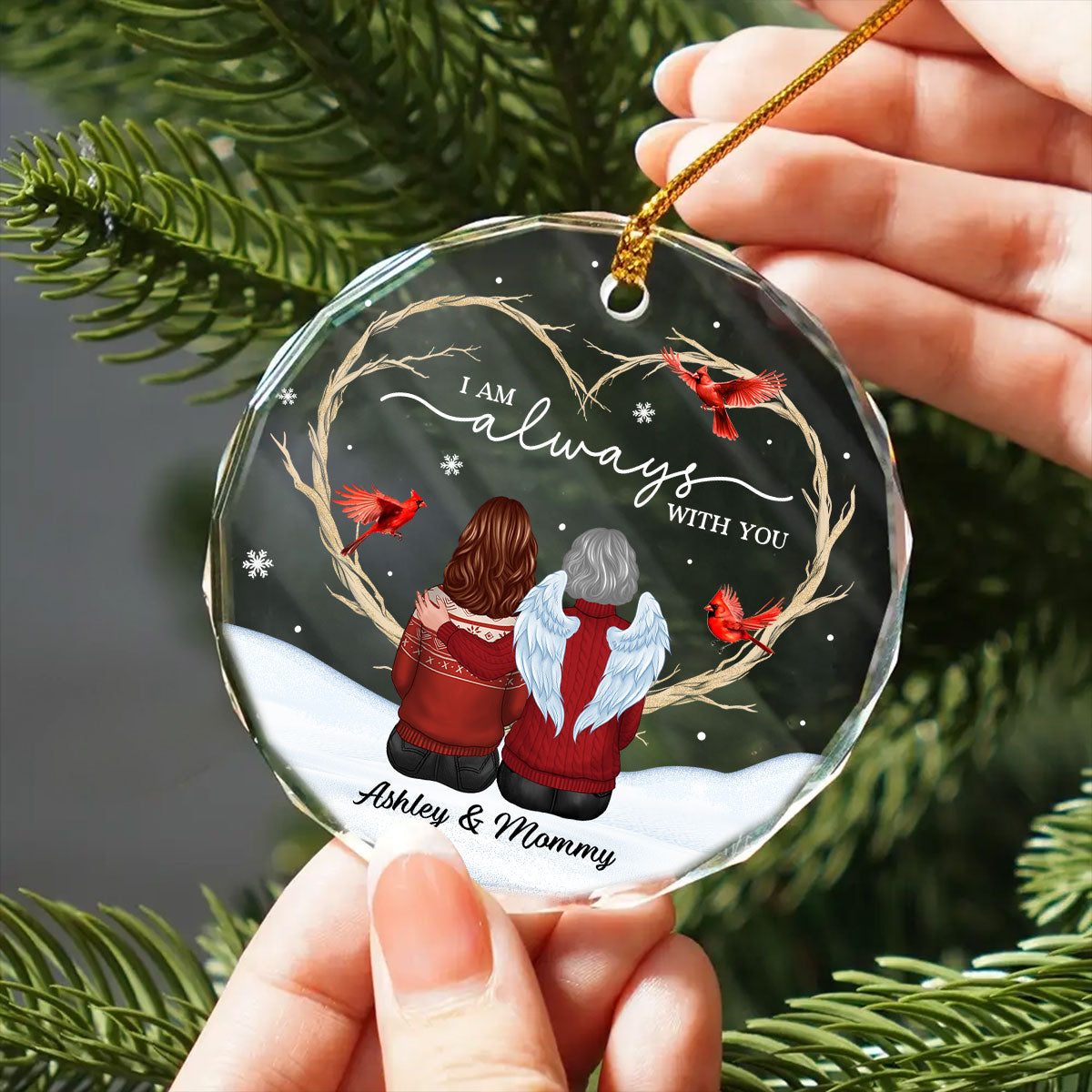 Cardinals Heart Branch Memorial Personalized Glass Ornament, Sympathy Keepsake