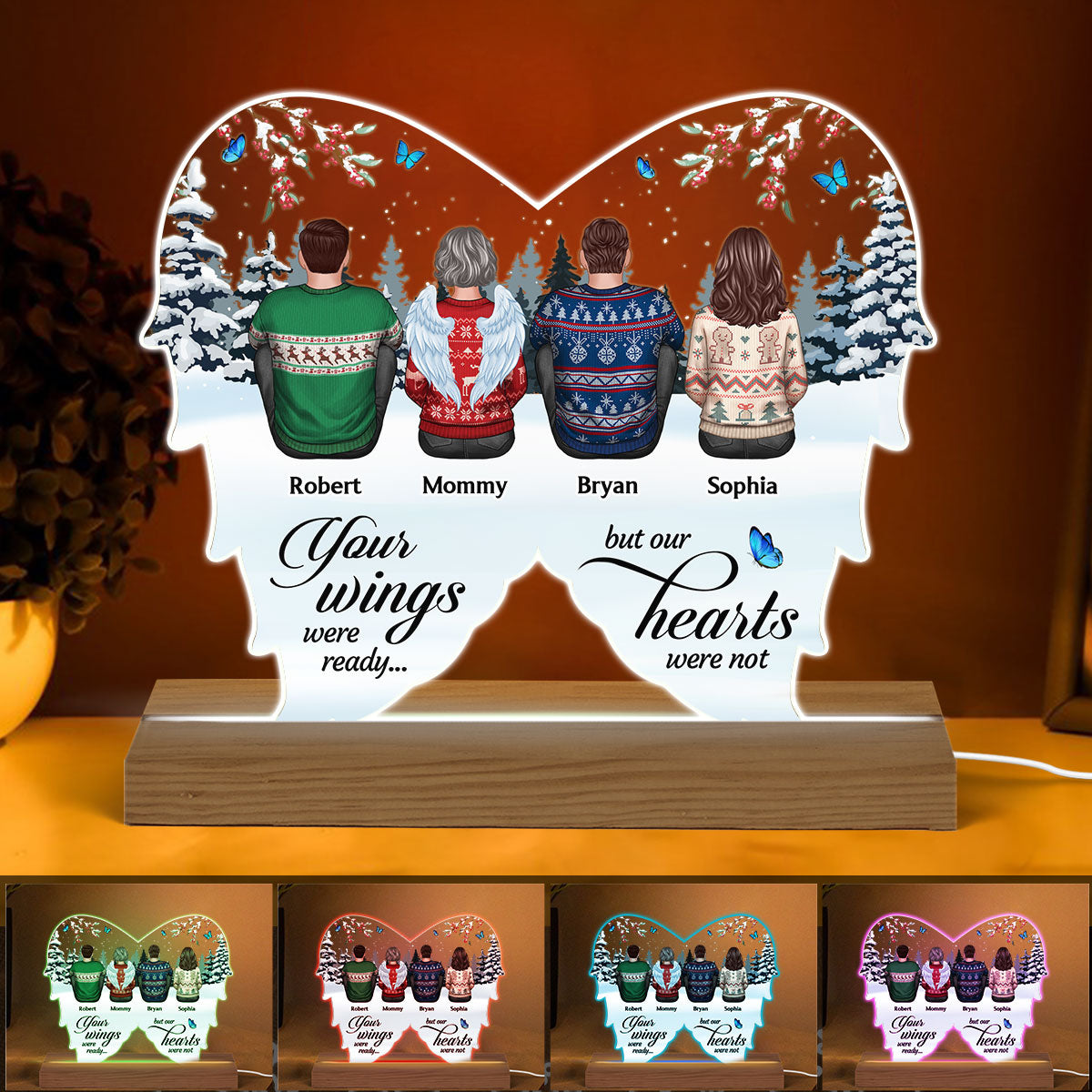 Family Sitting Memorial Wings Shaped Remembrance Gifts Personalized Custom Shape Acrylic LED Night Light