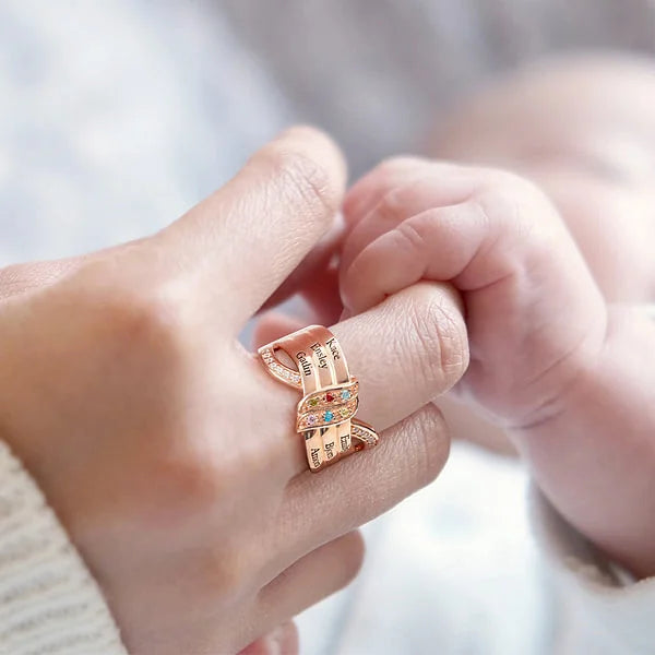 Personalised Ribbon Knot Ring with 1-8 Birthstones and Engraved Names Zircon Family Jewellery Mother's Day Birthday Gift for Mom Grandma