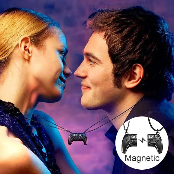 Personalised Gamepad Magnetic Pendant Necklace with Engraved Initials Valentine's Day Gift for Game Couple