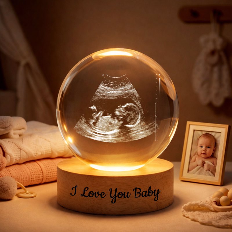 Custom Baby Ultrasound - Personalized Crystal Ball LED Night Light - Engraved Wooden Base, Sentimental Mother's Day Gift for Her