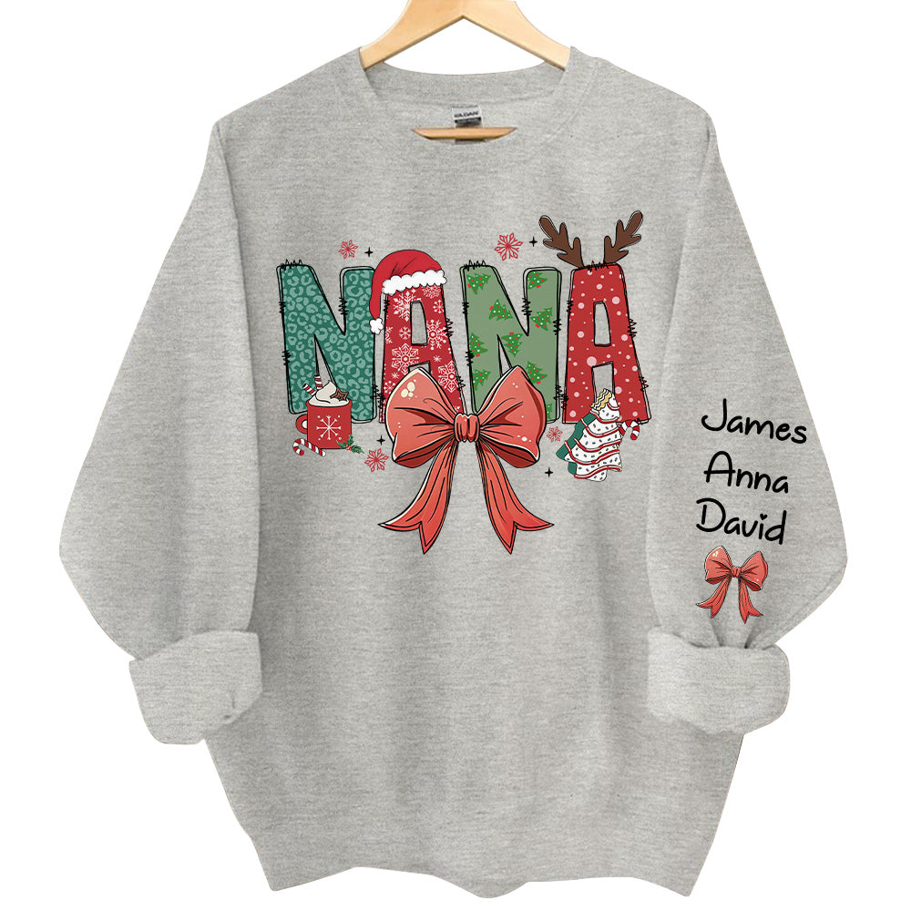 Personalized Christmas Nana Coquette Shirt, Custom Mama Claus Christmas Tree Cake Coquette Bow Candy Cane Santa Hot Cocoa Shirt