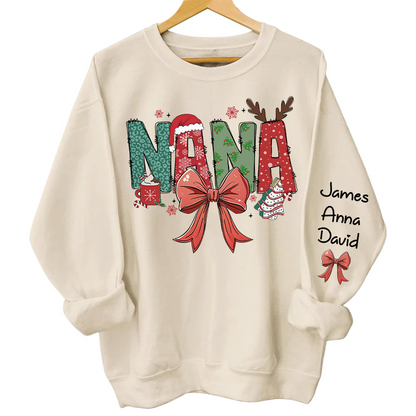 Personalized Christmas Nana Coquette Shirt, Custom Mama Claus Christmas Tree Cake Coquette Bow Candy Cane Santa Hot Cocoa Shirt