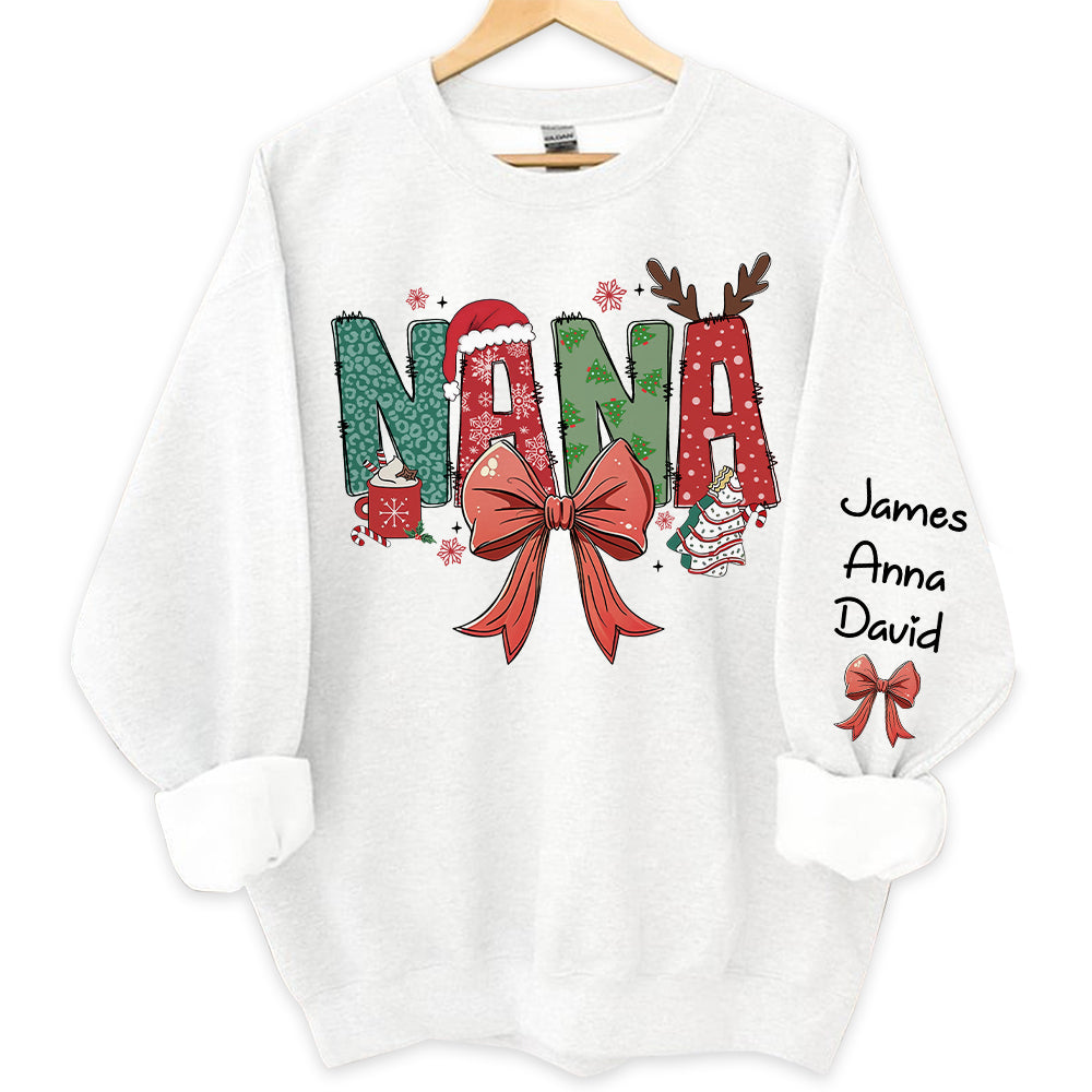 Personalized Christmas Nana Coquette Shirt, Custom Mama Claus Christmas Tree Cake Coquette Bow Candy Cane Santa Hot Cocoa Shirt